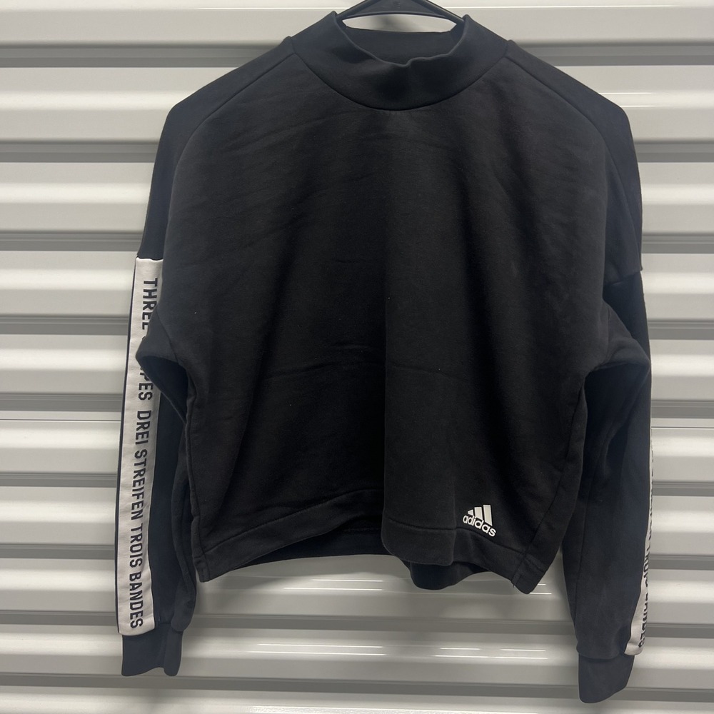 Adidas Sweatshirt Size S Womens Black Mock Neck Cropped Three Stripe Sleevs Logo — photo 2